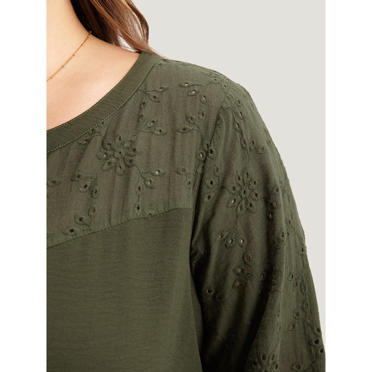 Plus Size Solid Notched Eyelet Patchwork Dress ArmyGreen Women Office Elastic cuffs Notched collar Elbow-length sleeve Curvy Midi Dress BloomChic 10/M Product Image