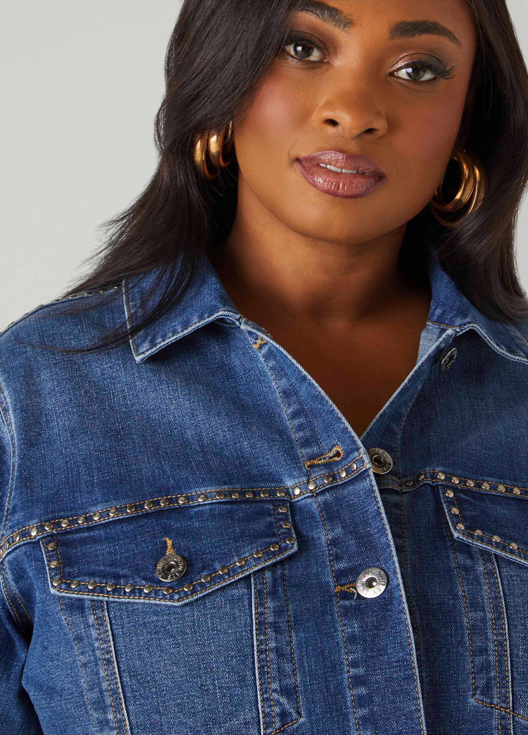 Plus Size Cropped Studded Denim Jacket Ashley Stewart Product Image