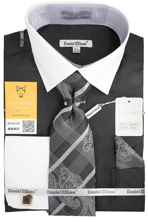 Black White French Cuff Dress Shirt Set with Tie, Cuff Links and Pocket Square Product Image