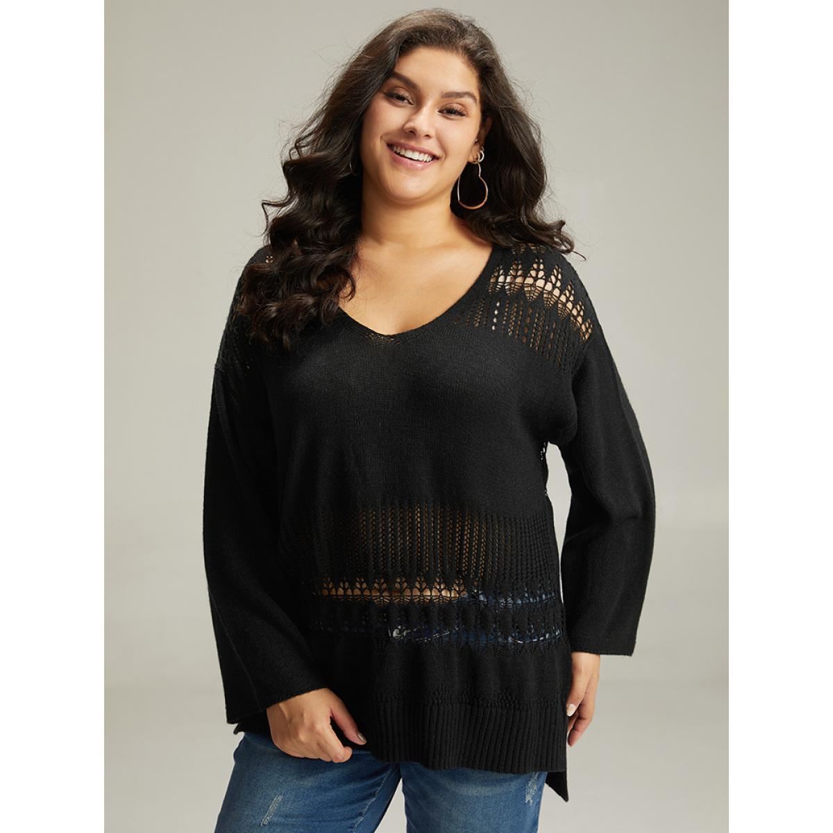 Plus Size Solid Hollow Out Split V Neck Pullover Black Women Casual Loose Long Sleeve V-neck Everyday Pullovers BloomChic 18-20/2X Product Image
