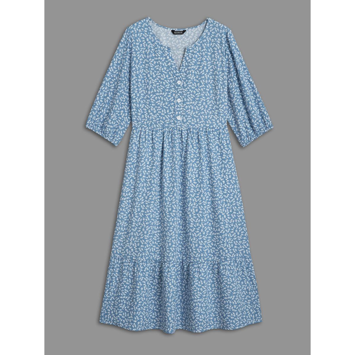 Plus Size Notched Ditsy Floral Button Midi Dress Mediumblue Women Casual Button Notched collar Elbow-length sleeve Curvy BloomChic 28/5X Product Image