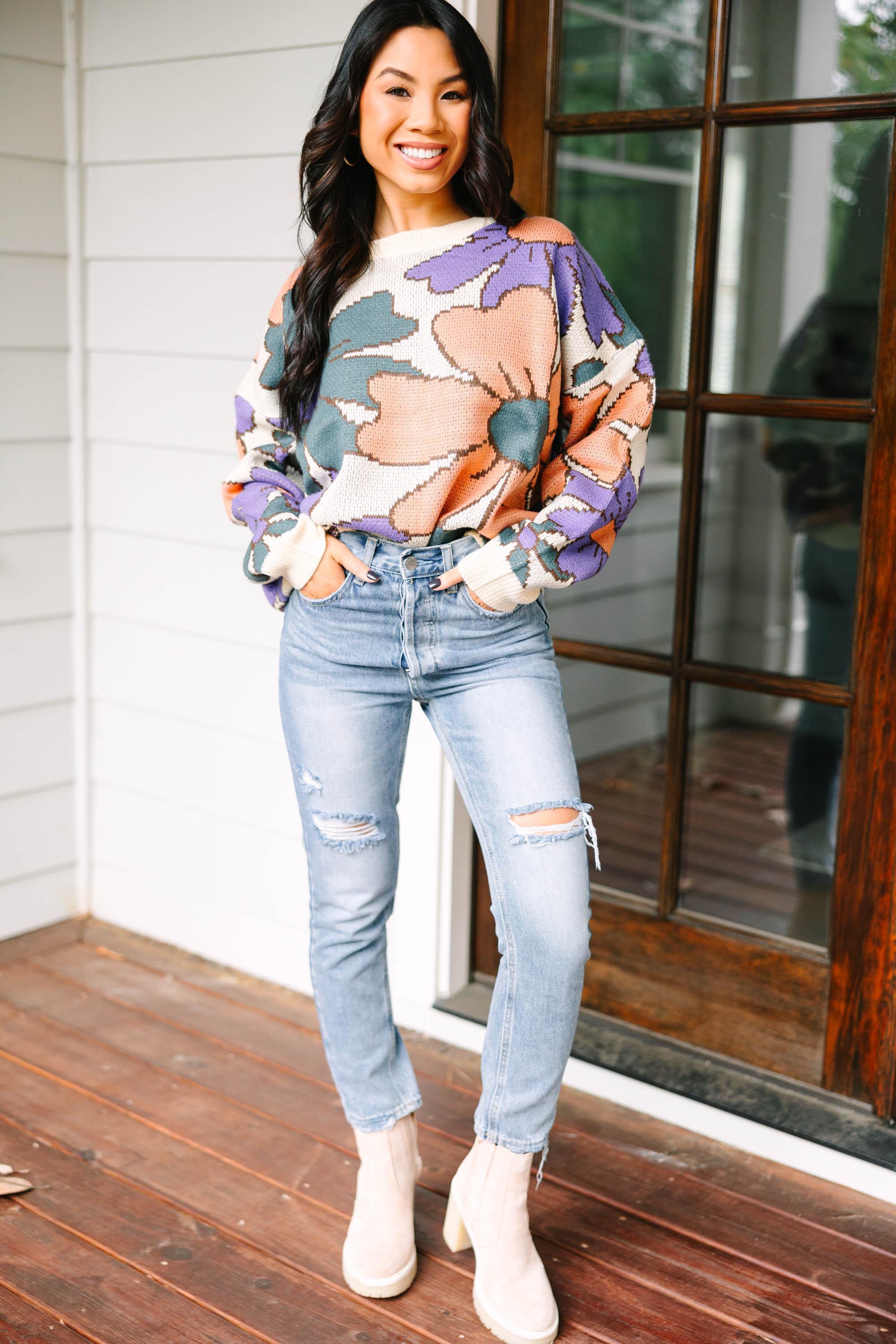 Here For You Dusty Brown Floral Sweater Female Product Image