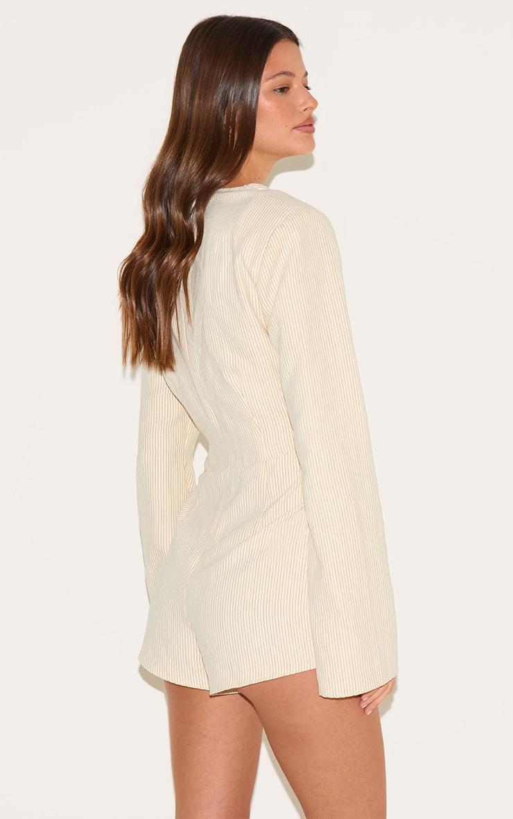  Cream Pinstripe Peachskin Wrap Front Long Sleeve Romper Product Image