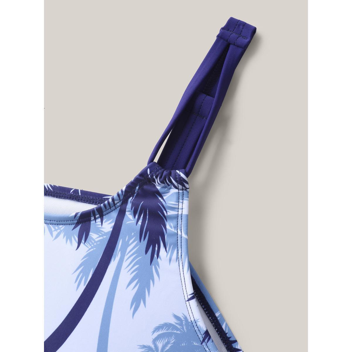 Plus Size Tropical Print Curvy Hem Swim Top Women's Swimwear Indigo Beach High stretch Skinny U-neck Curve Swim Tops BloomChic 14-16/1X Product Image