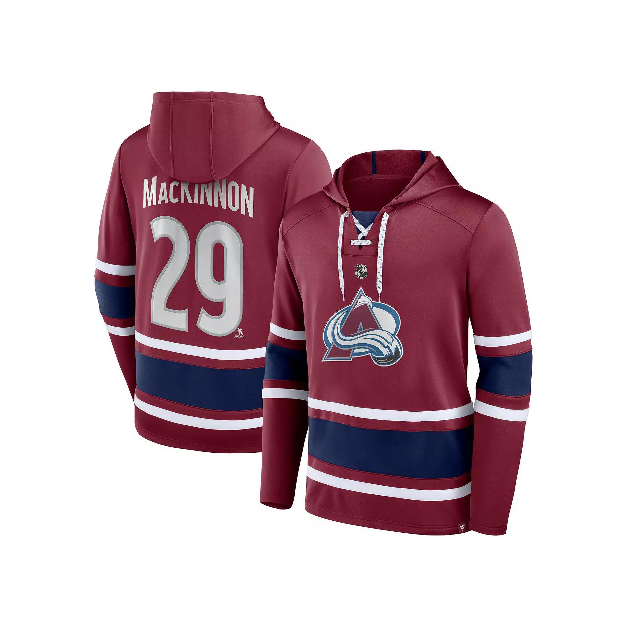 Men's Fanatics Branded Nathan MacKinnon Burgundy Colorado Avalanche Name & Number Lace-Up Pullover Hoodie,  Product Image