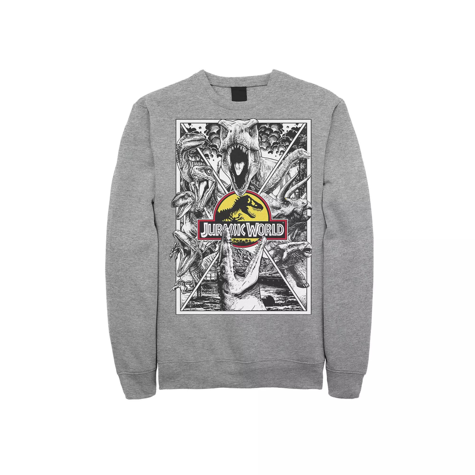 Men's Jurassic World Black and White Comic Dinos Fleece Graphic Pullover,  Product Image
