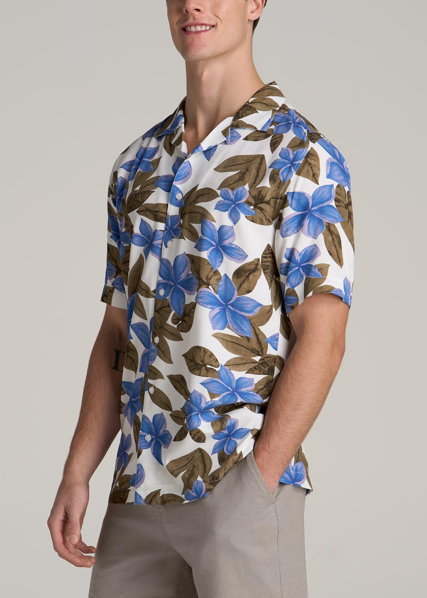 Short Sleeve Resort Shirt for Tall Men in Blue Tropical Print Product Image