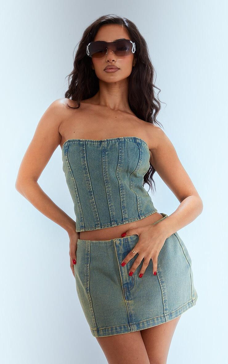 Petite Vintage Bleach Wash Bandeau Denim Corset Top Product Image