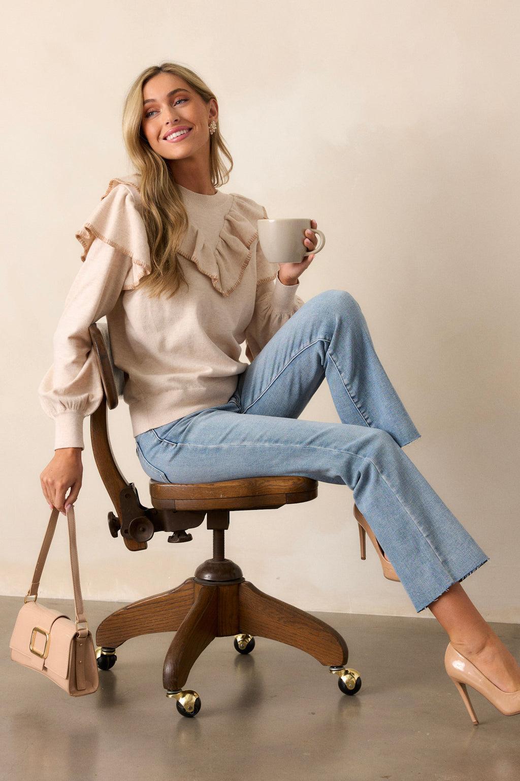 Silent Running Beige Long Sleeve Sweater Top Product Image