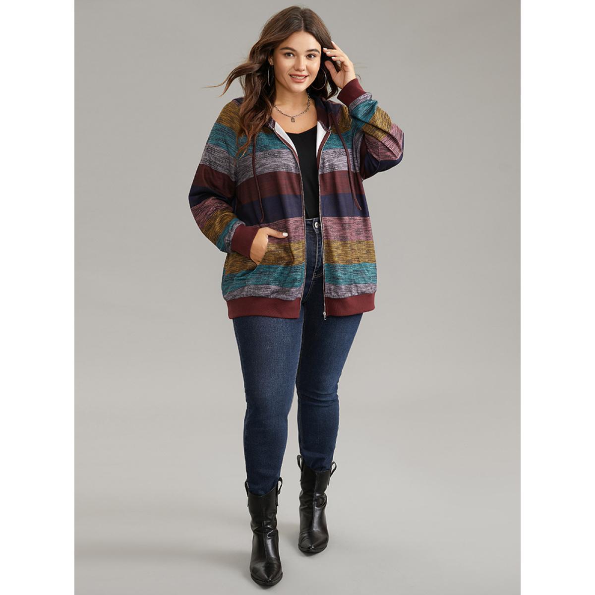 Plus Size Heather Colorblock Contrast Pocket Hooded Sweatshirt Women Multicolor Casual Rib Knit Hooded Everyday Sweatshirts BloomChic 18-20/2X Product Image