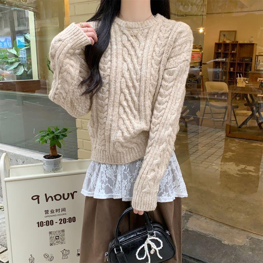 Crew Neck Plain Cable Knit Sweater Product Image