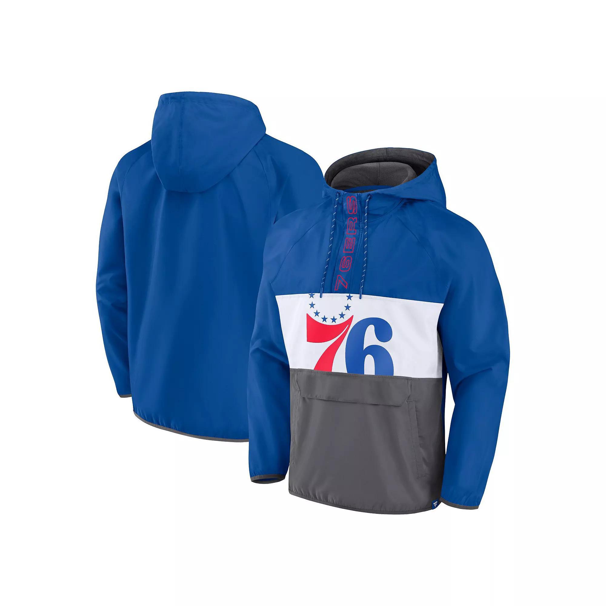 Men's Fanatics Branded Royal/Gray Philadelphia 76ers Anorak Flagrant Foul Color-Block Raglan Hoodie Half-Zip Jacket,  Product Image