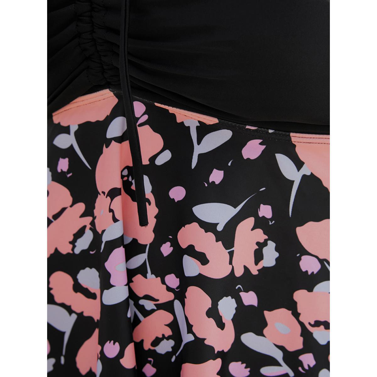 Plus Size Floral Patchwork Drawstring Ruffle Sleeve Tankini Top Women's Swimwear Black Vacation Adjustable Straps High stretch Bodycon V-neck Curve Swim Tops BloomChic 22-24/3X Product Image