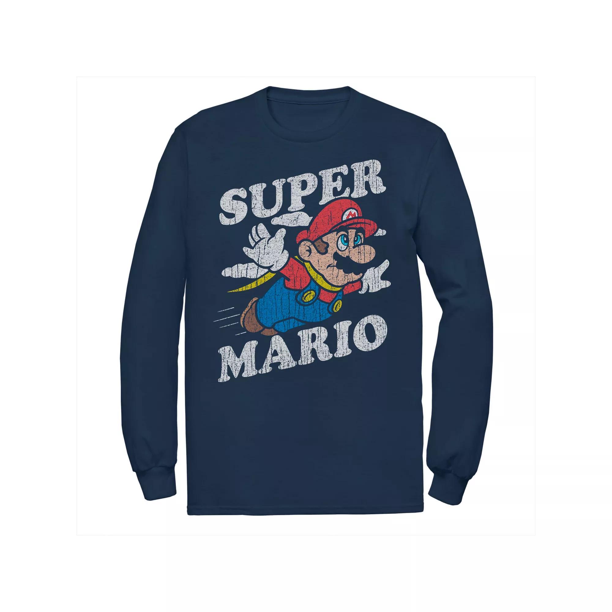 Men's Super Mario Retro Distressed lying Portrait Long Sleeve Tee, Size: XXL Tall, Blue Product Image