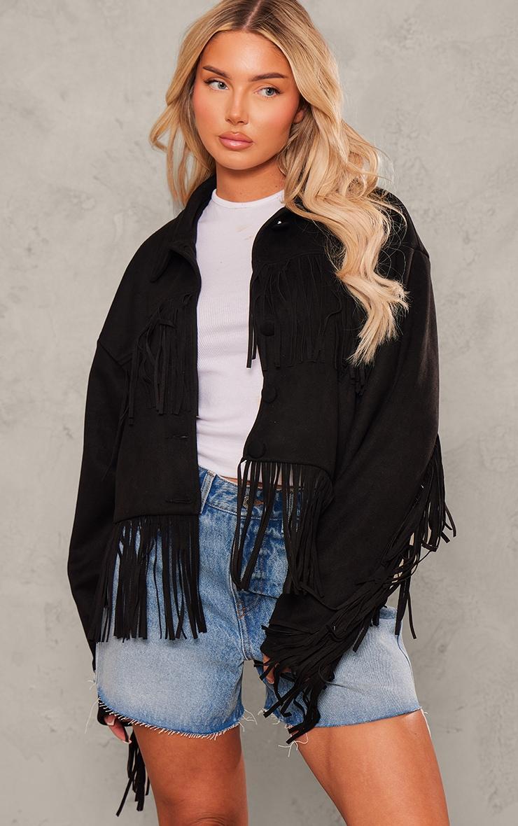 Black Faux Suede Western Fringe Detail Jacket Product Image