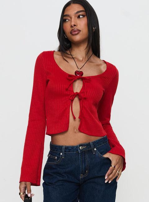 Rowynne Long Sleeve Tie Up Top Red Product Image