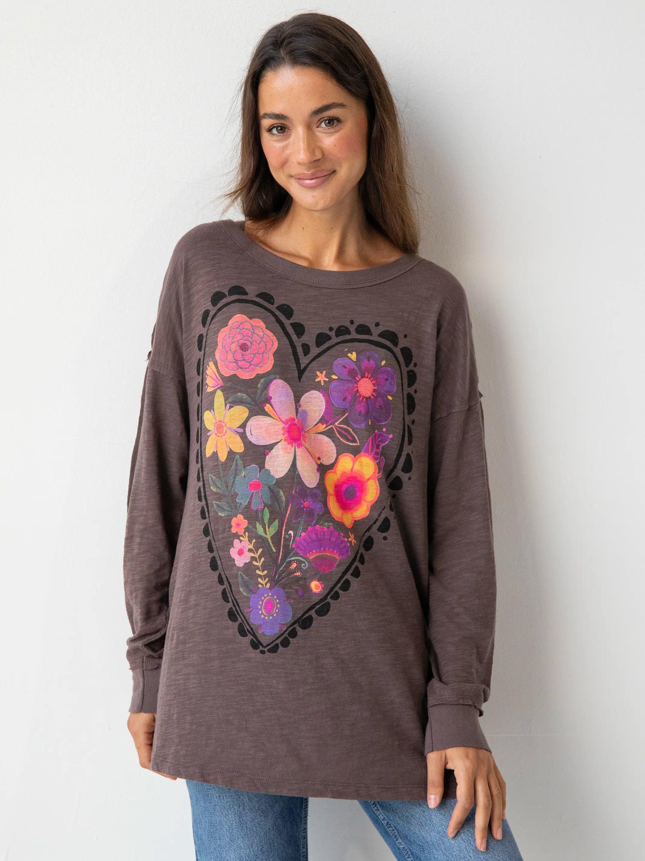 Arden Long Sleeve Cotton Tee Shirt - Espresso Heart Product Image