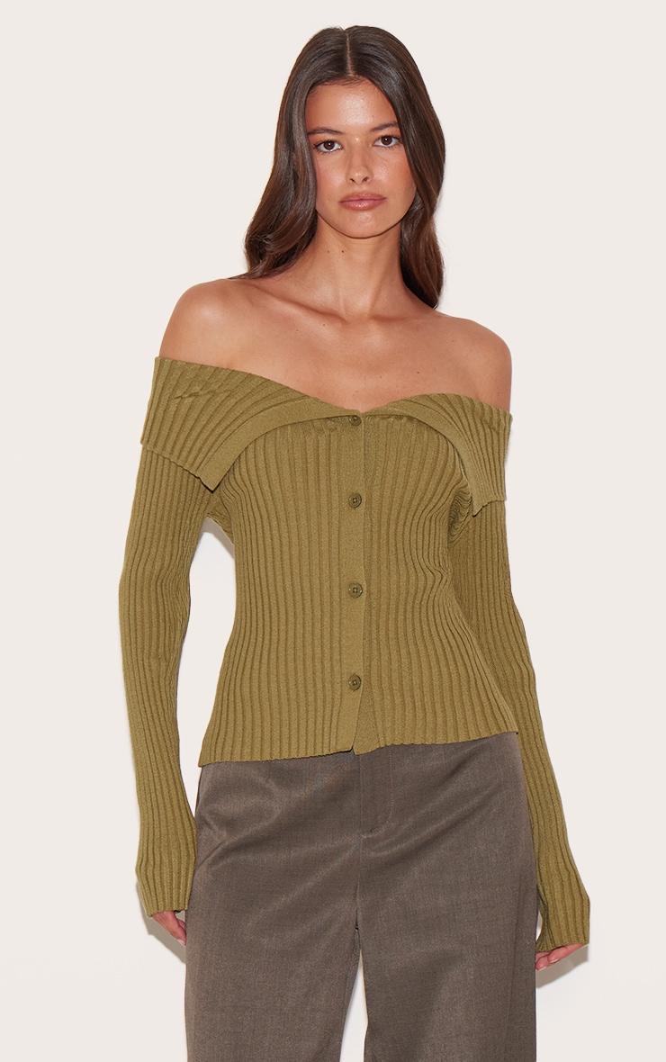 Olive Rib Knit Fold Over Button Up Top Product Image