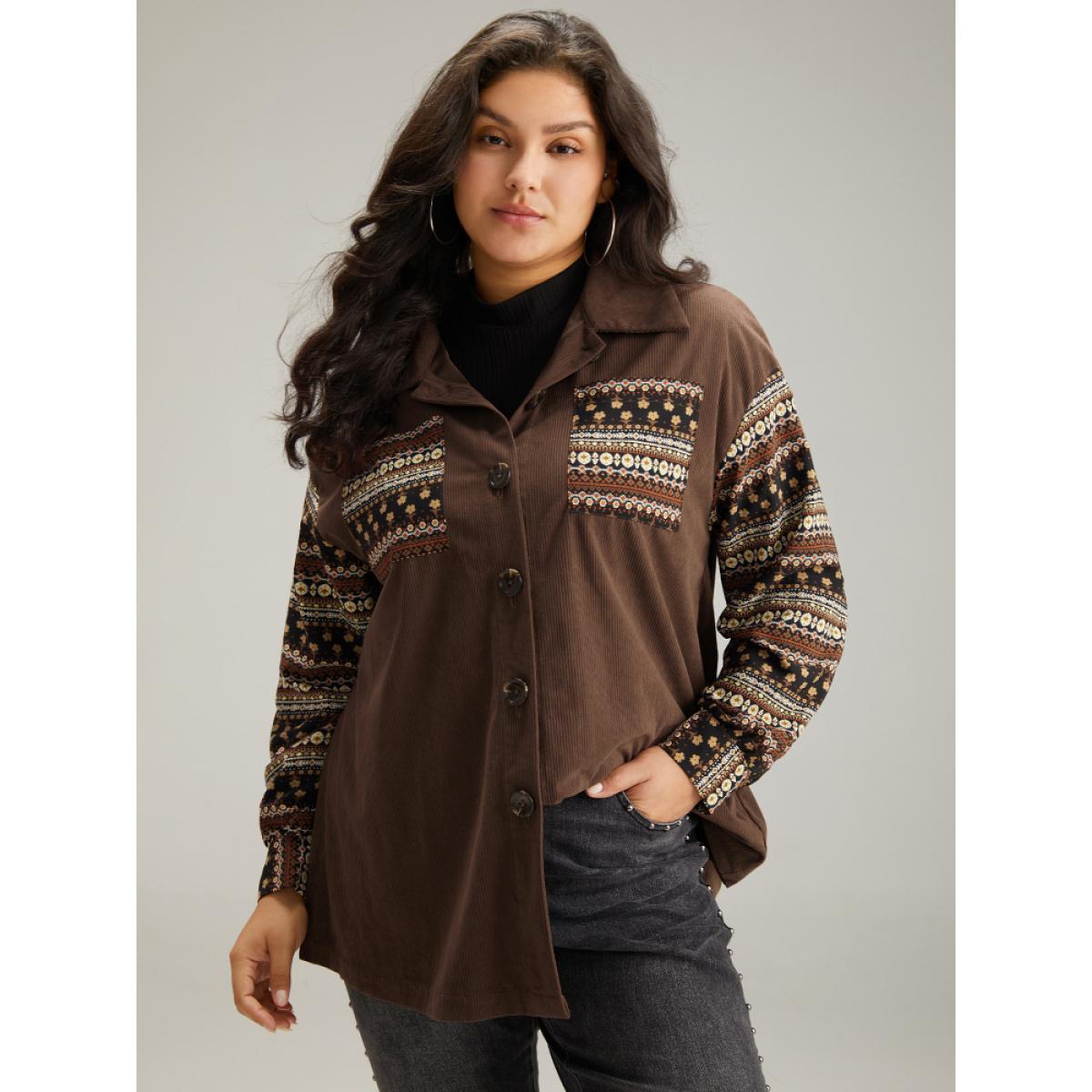 Plus Size Bandana Print Patchwork Button Through Jacket Women DarkBrown Contrast Pocket Dailywear Jackets BloomChic 26/4X Product Image