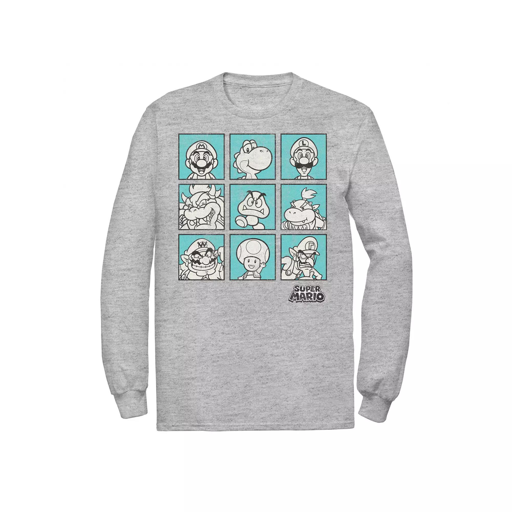 Big & Tall Nintendo Super Mario Teal Character Boxes Long Sleeve Graphic Tee, Men's,  Product Image
