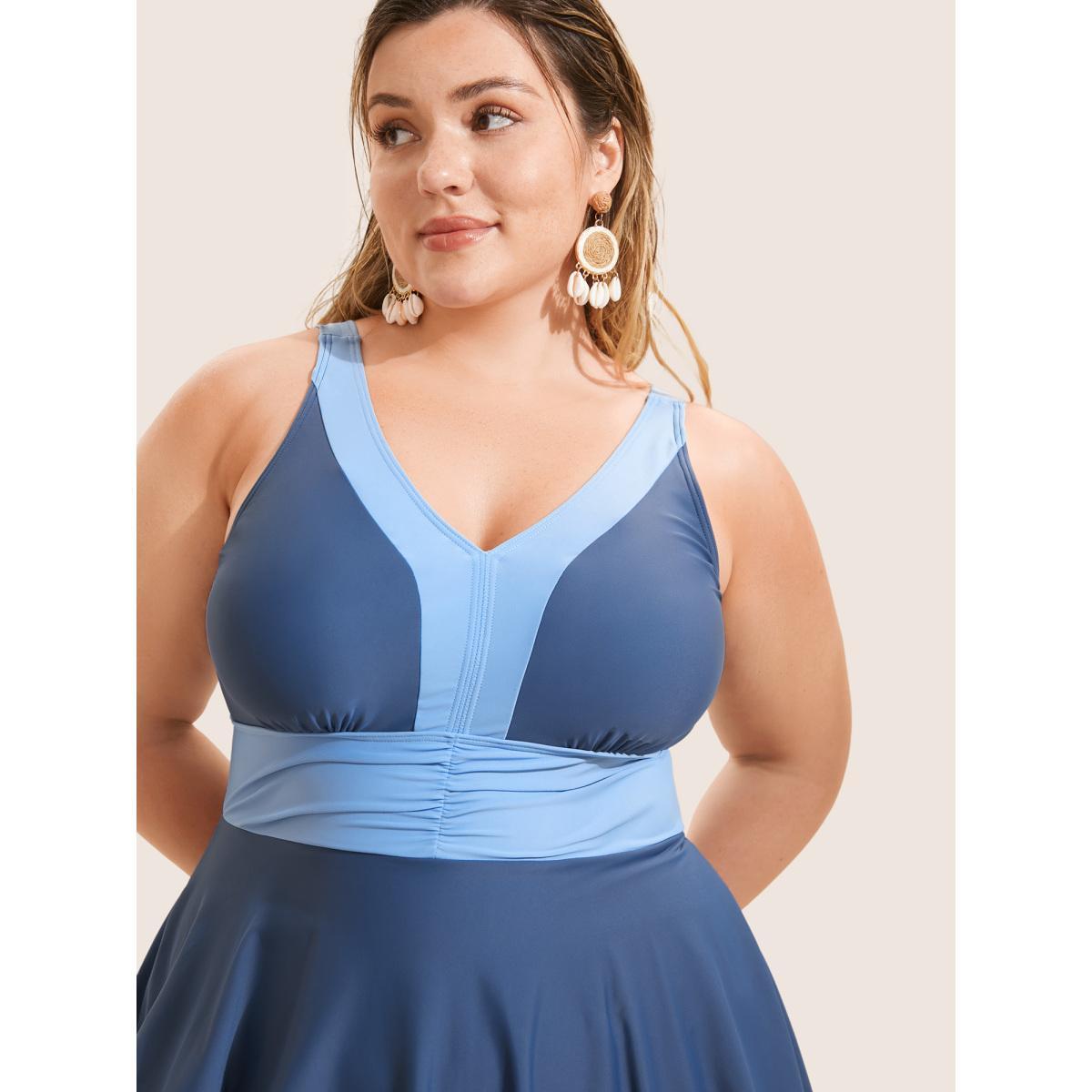 Plus Size Two Tone Patchwork Gathered Swim Dress Women's Swimwear Aegean Beach Bodycon V-neck High stretch Curve Swim Dresses BloomChic 14-16/1X Product Image