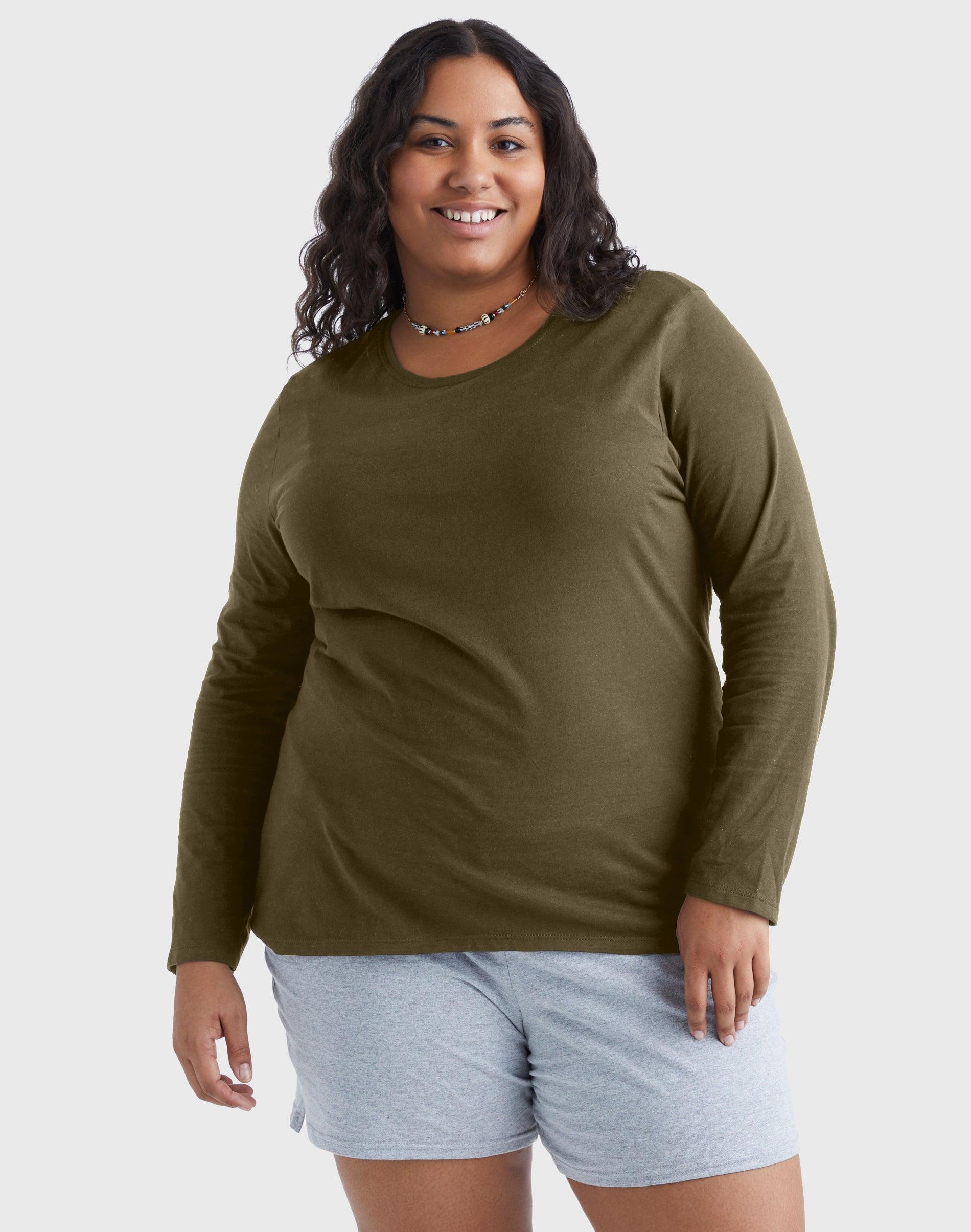 Hanes Womens Long Sleeve Scoop Neck Cotton T-Shirt (Plus Size) White 1X Product Image