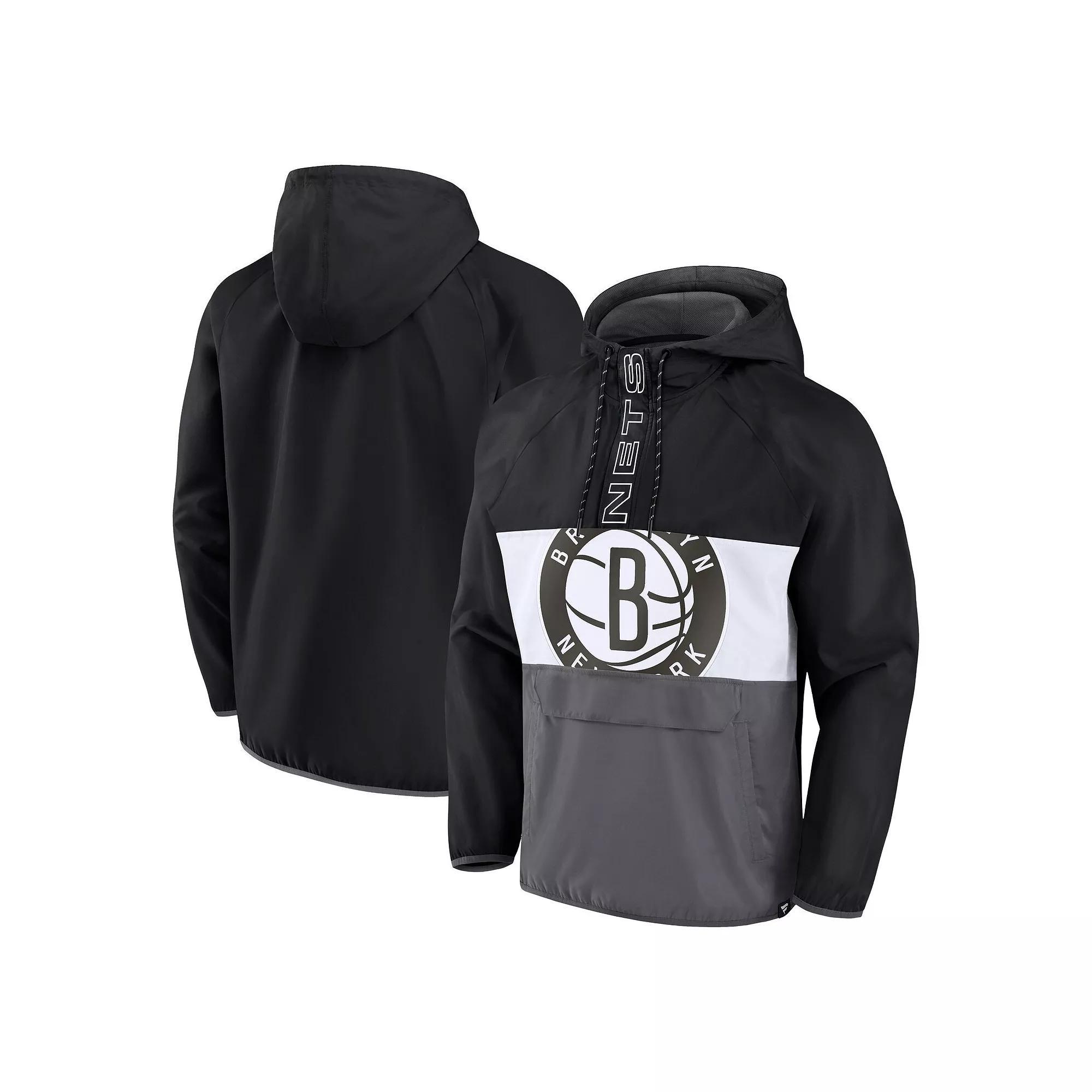Men's Fanatics Branded Black/Gray Brooklyn Nets Anorak Flagrant Foul Color-Block Raglan Hoodie Half-Zip Jacket,  Product Image