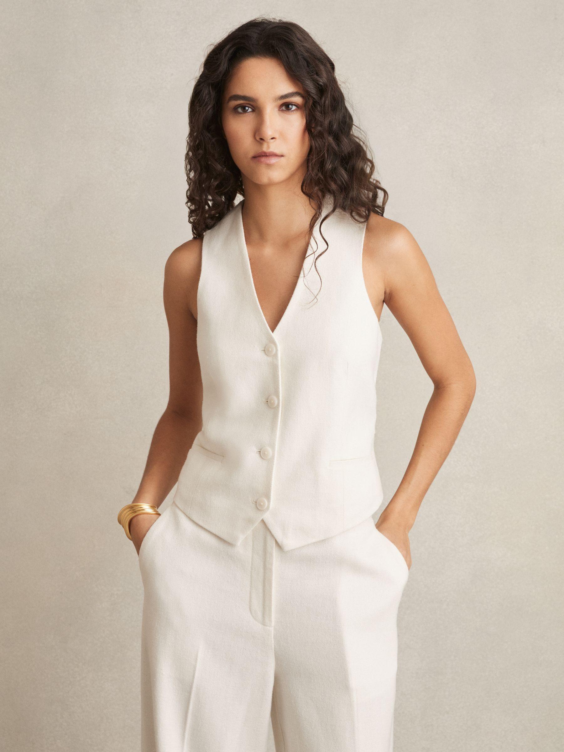 Linen-Blend Button-Through Waistcoat in White Product Image