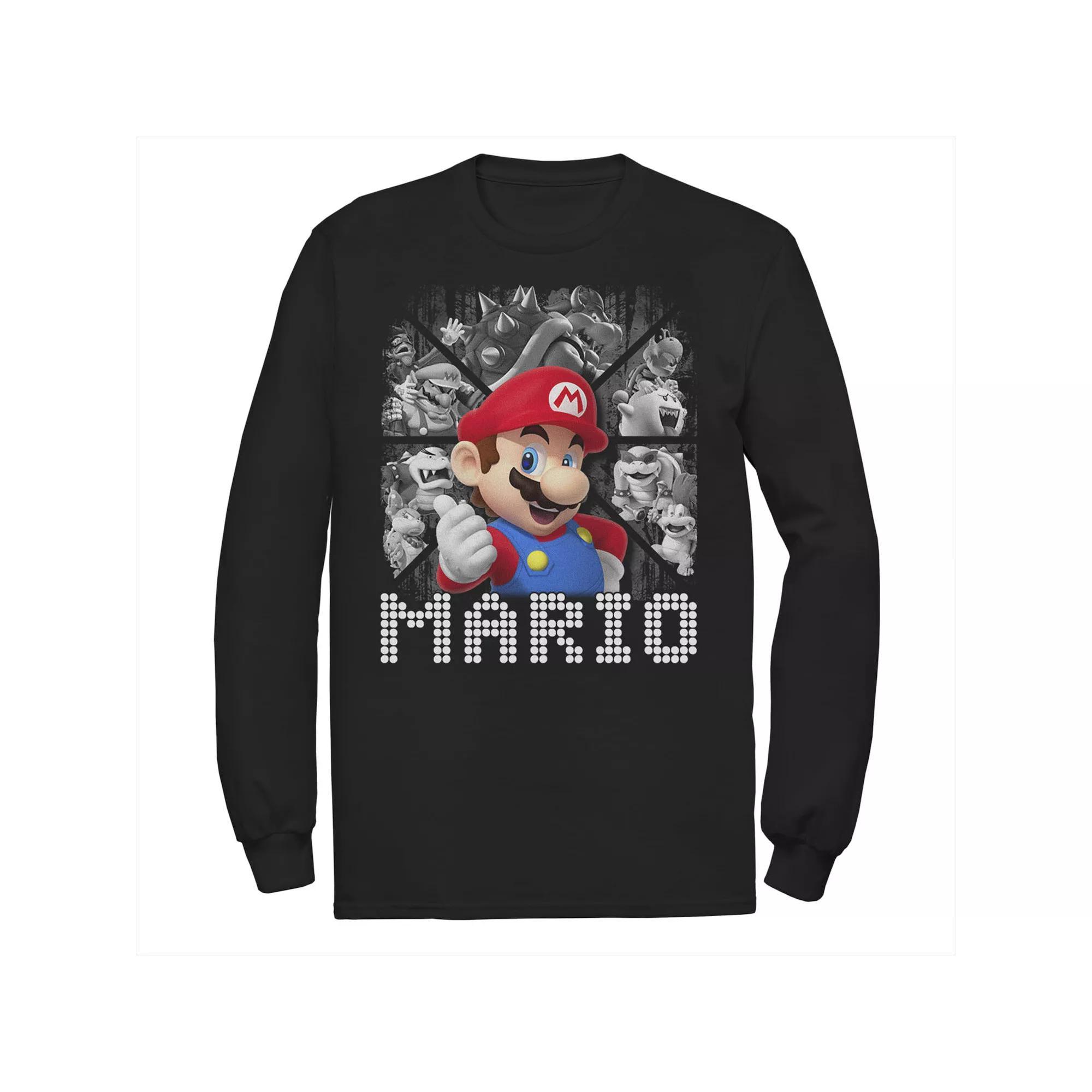 Big & Tall Nintendo Super Mario Bros Characters Background Long Sleeve, Men's, Size: Large Tall, Black Product Image