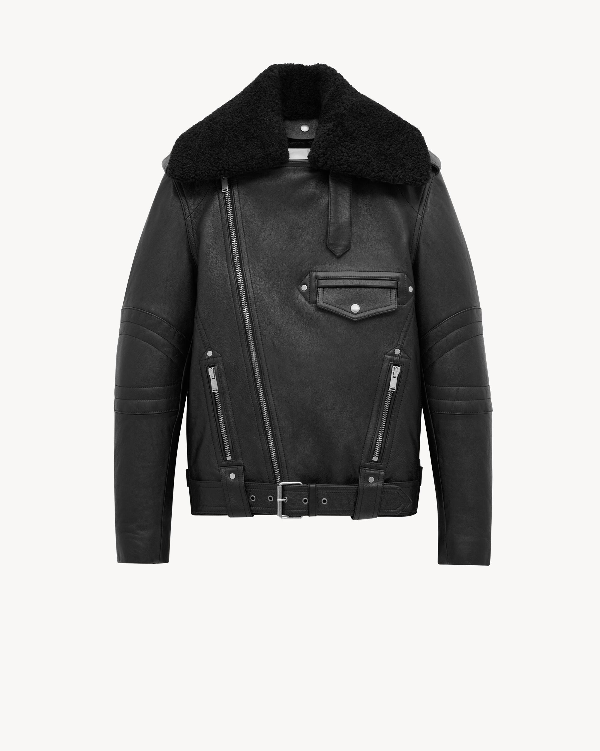 biker jacket in vintage leather and shearling Product Image