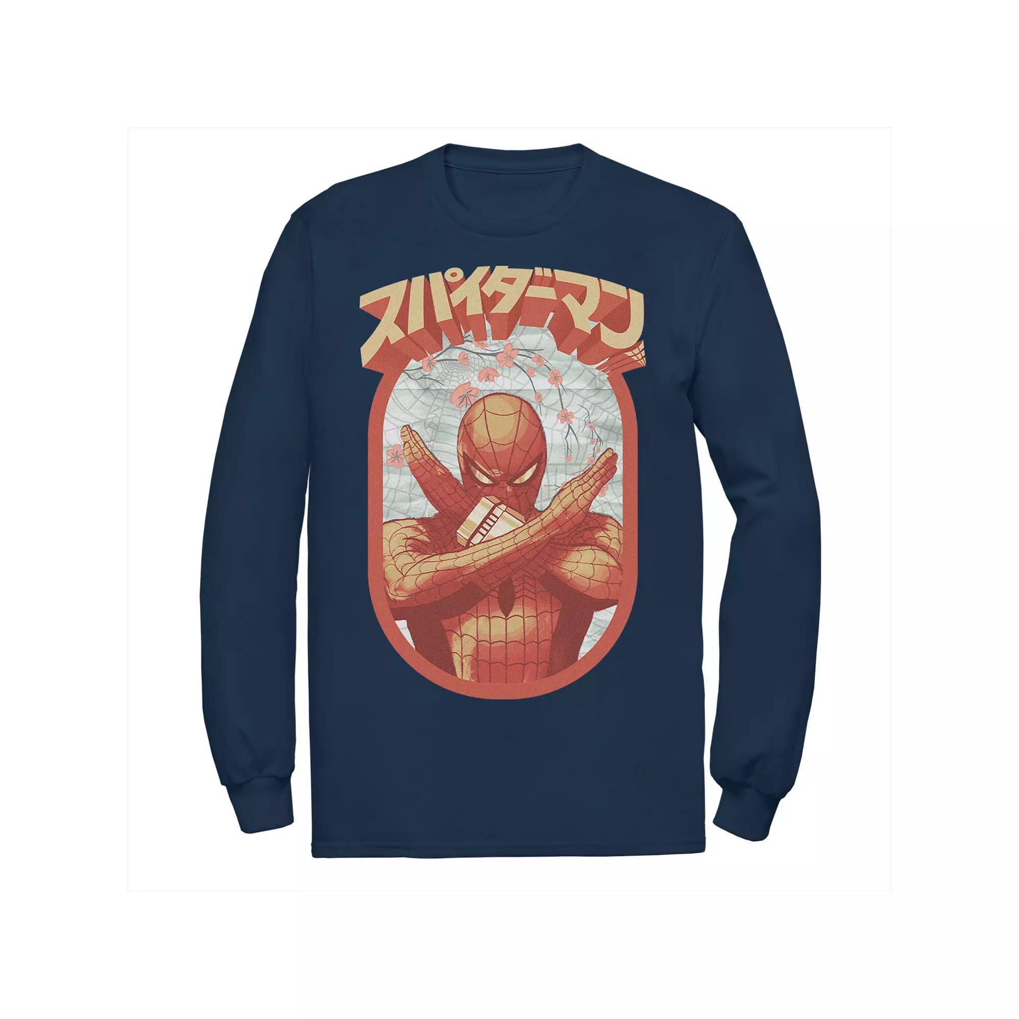 Men's Marvel Spider-Man Retro Floral Kanji Poster Tee, Size: Large, Blue Product Image