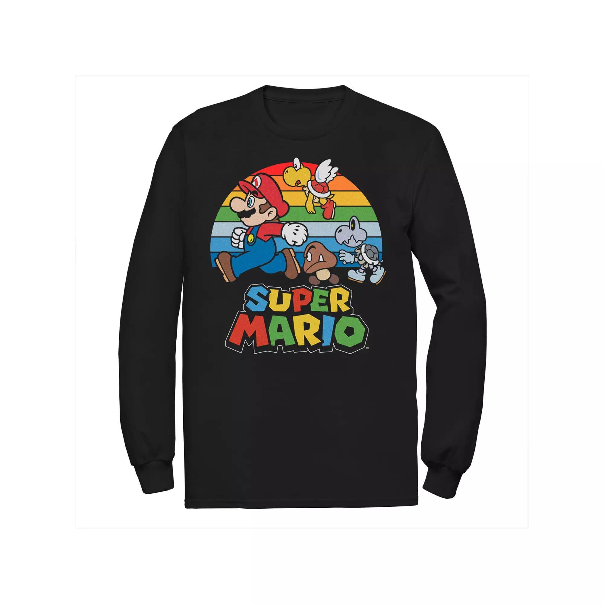 Men's Super Mario Group Shot Rainbow Line Sunset Chase Long Sleeve Tee,  Product Image