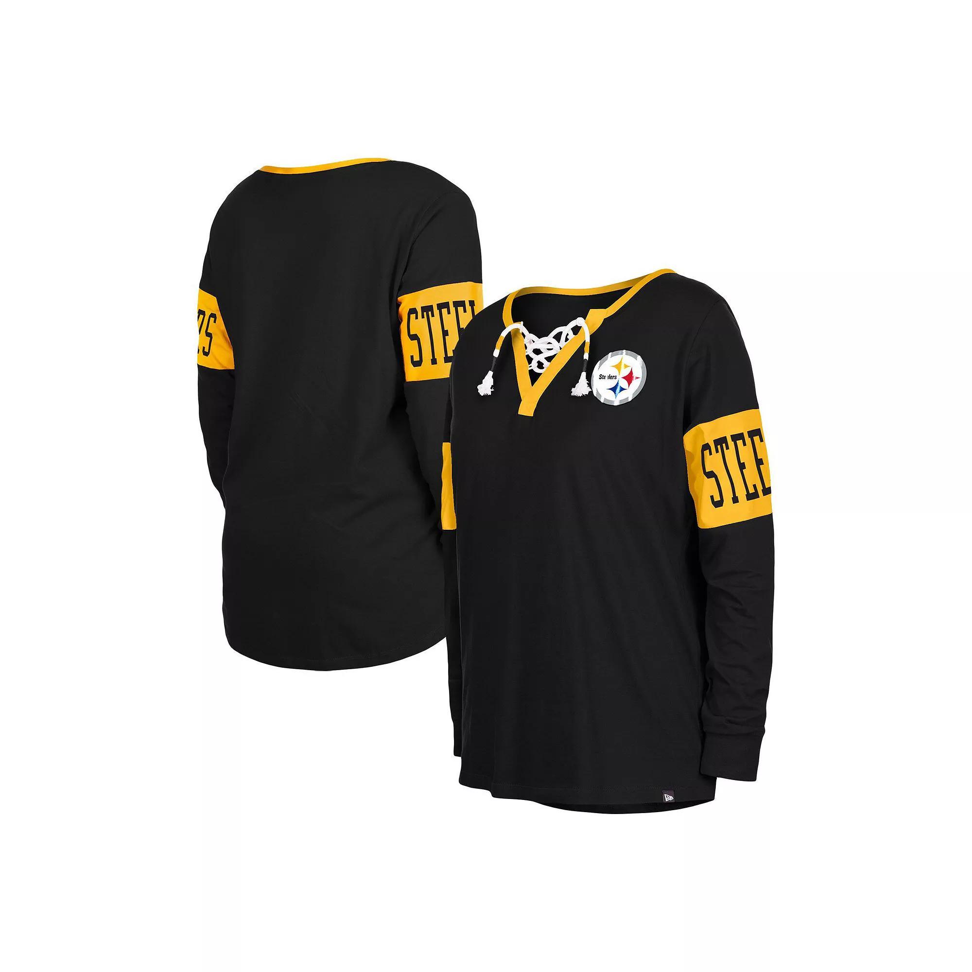 Women's New Era Black Pittsburgh Steelers Lace-Up Notch Neck Long Sleeve T-Shirt,  Product Image