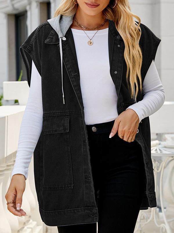 Loose Sleeveless Buttoned Detachable Hooded Pockets Split-Joint Lapel Collar Vest Outerwear Product Image