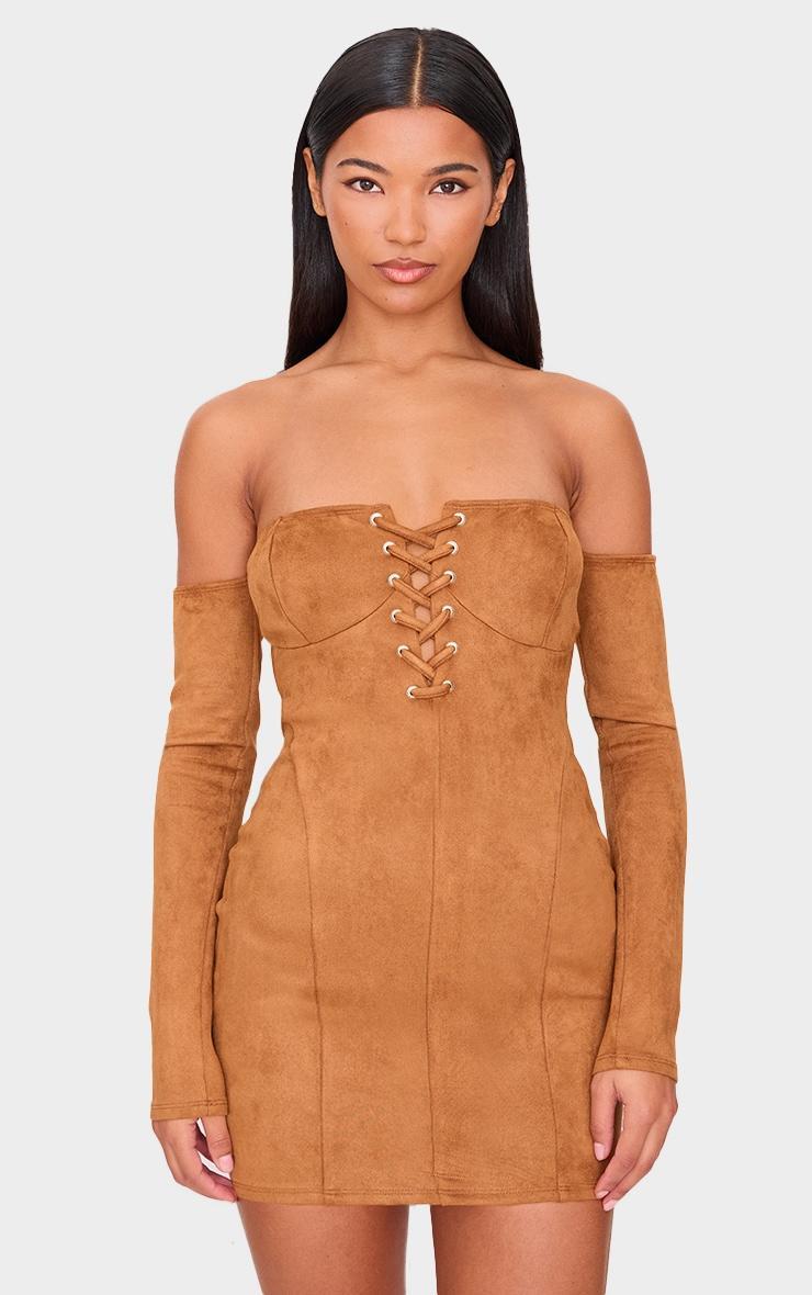 Tan Faux Suede Lace Up Detail Bardot Bodycon Dress Product Image