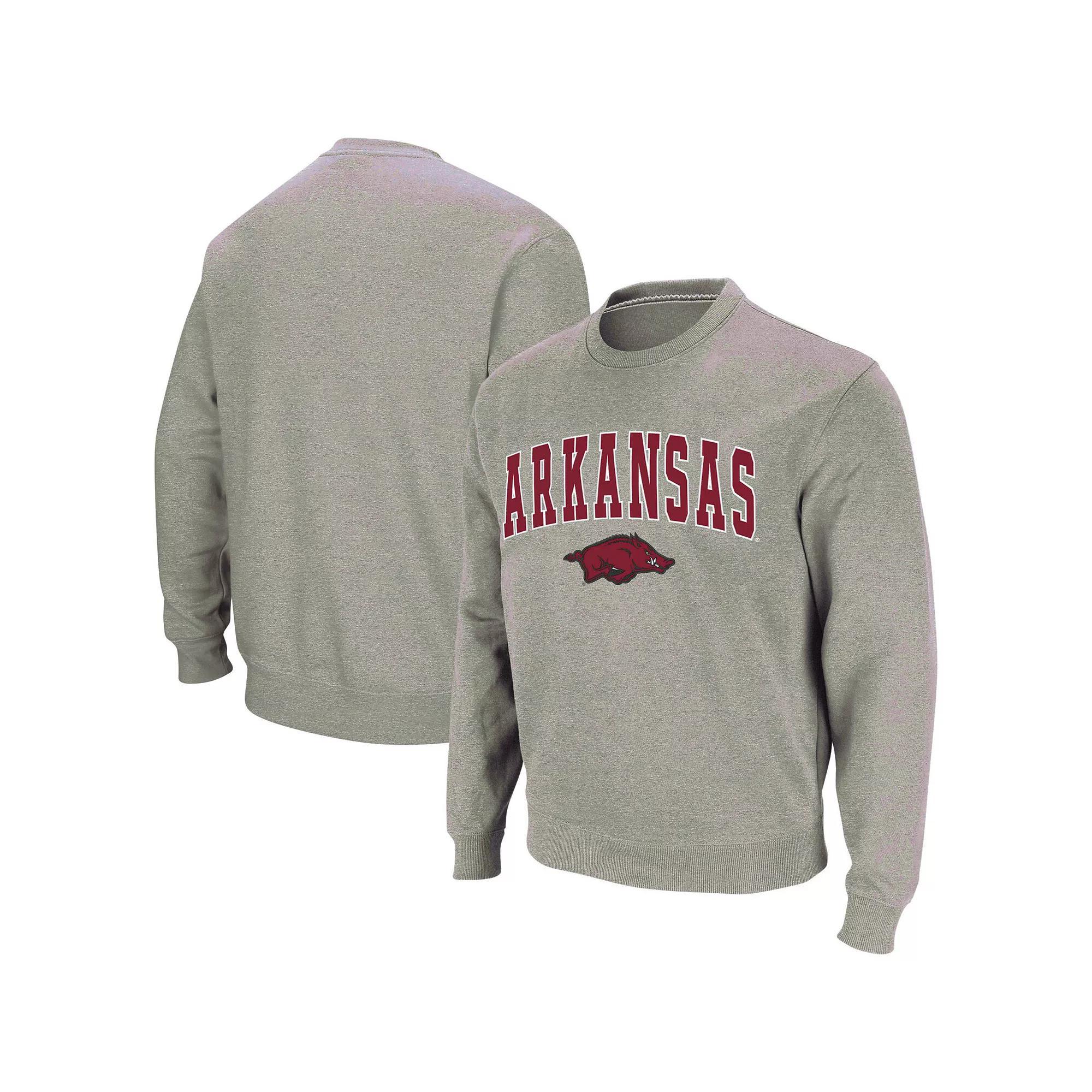 Men's Colosseum Heather Gray Arkansas Razorbacks Arch & Logo Crew Neck Sweatshirt, Size: 2XL, Grey Product Image