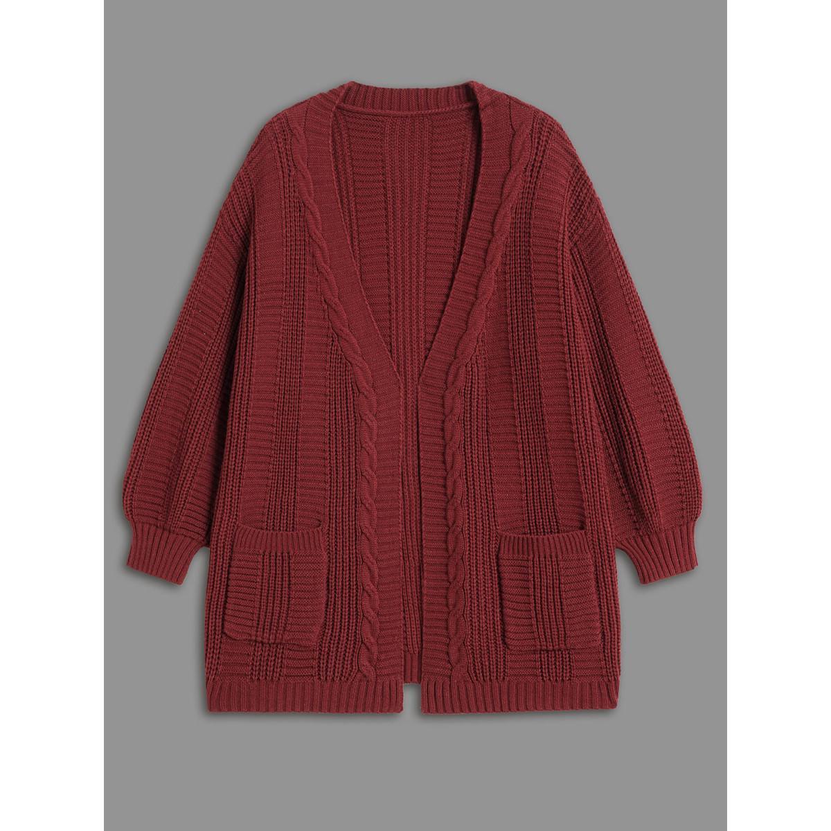 Plus Size Cable Knit Ribbed Detailing Open Front Cardigan Deepred Women Casual Loose Long Sleeve Everyday Cardigans BloomChic 30/6X Product Image