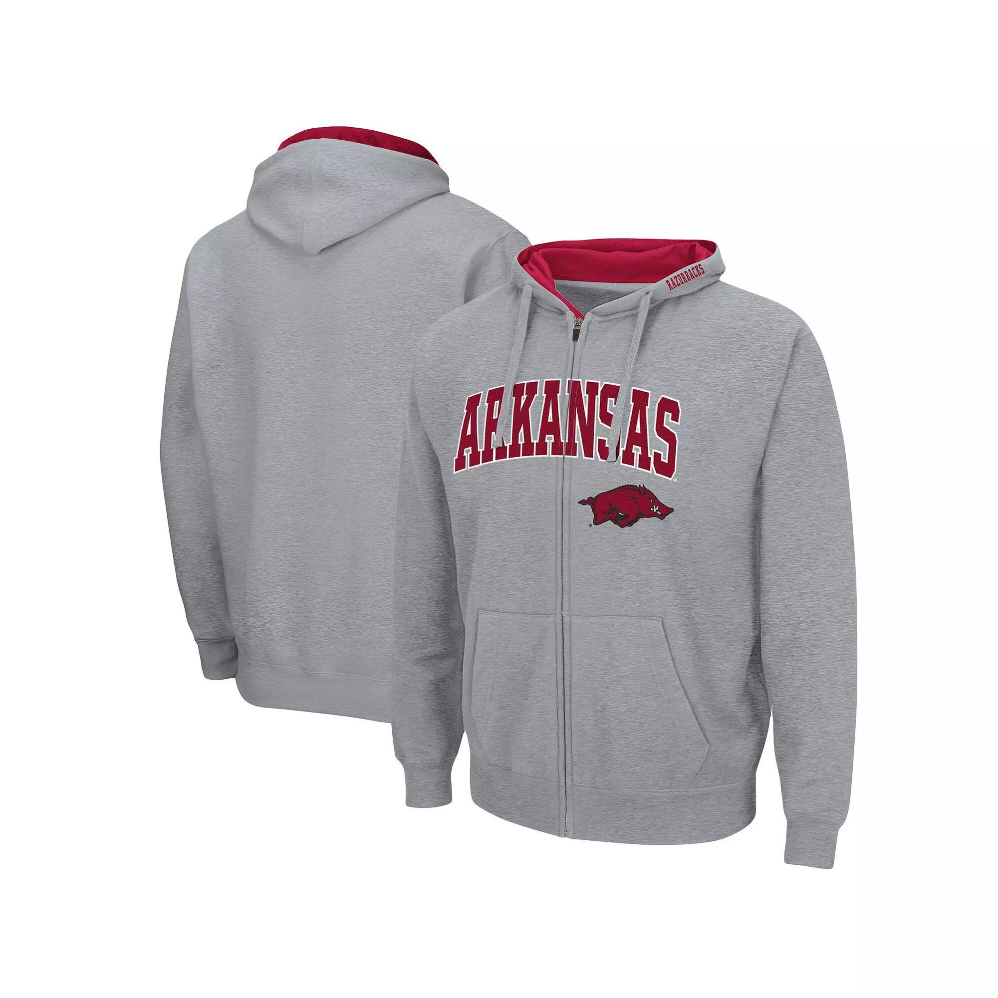Men's Colosseum Heathered Gray Arkansas Razorbacks Arch & Logo 3.0 Full-Zip Hoodie,  Product Image
