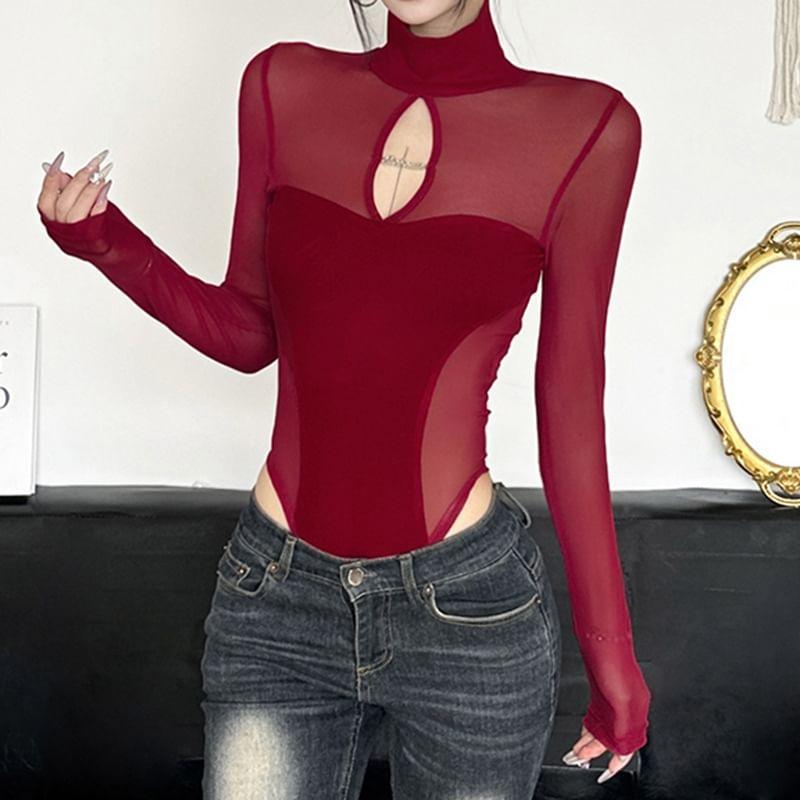 Long-Sleeve Turtleneck Cutout Mesh Bodysuit Top Product Image