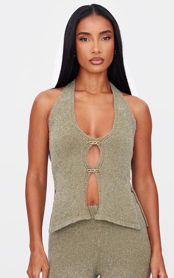 Olive Soft Bobble Knit Gold Trim Vest Top Product Image