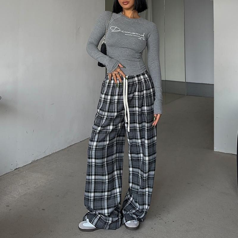 Drawstring Waist Plaid Wide Leg Pants Product Image