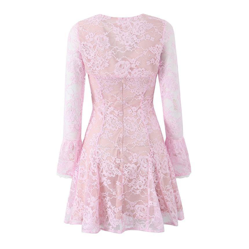 Set: Long-Sleeve Lace Shrug + Spaghetti Strap Scoop Neck Mini A-Line Dress Product Image