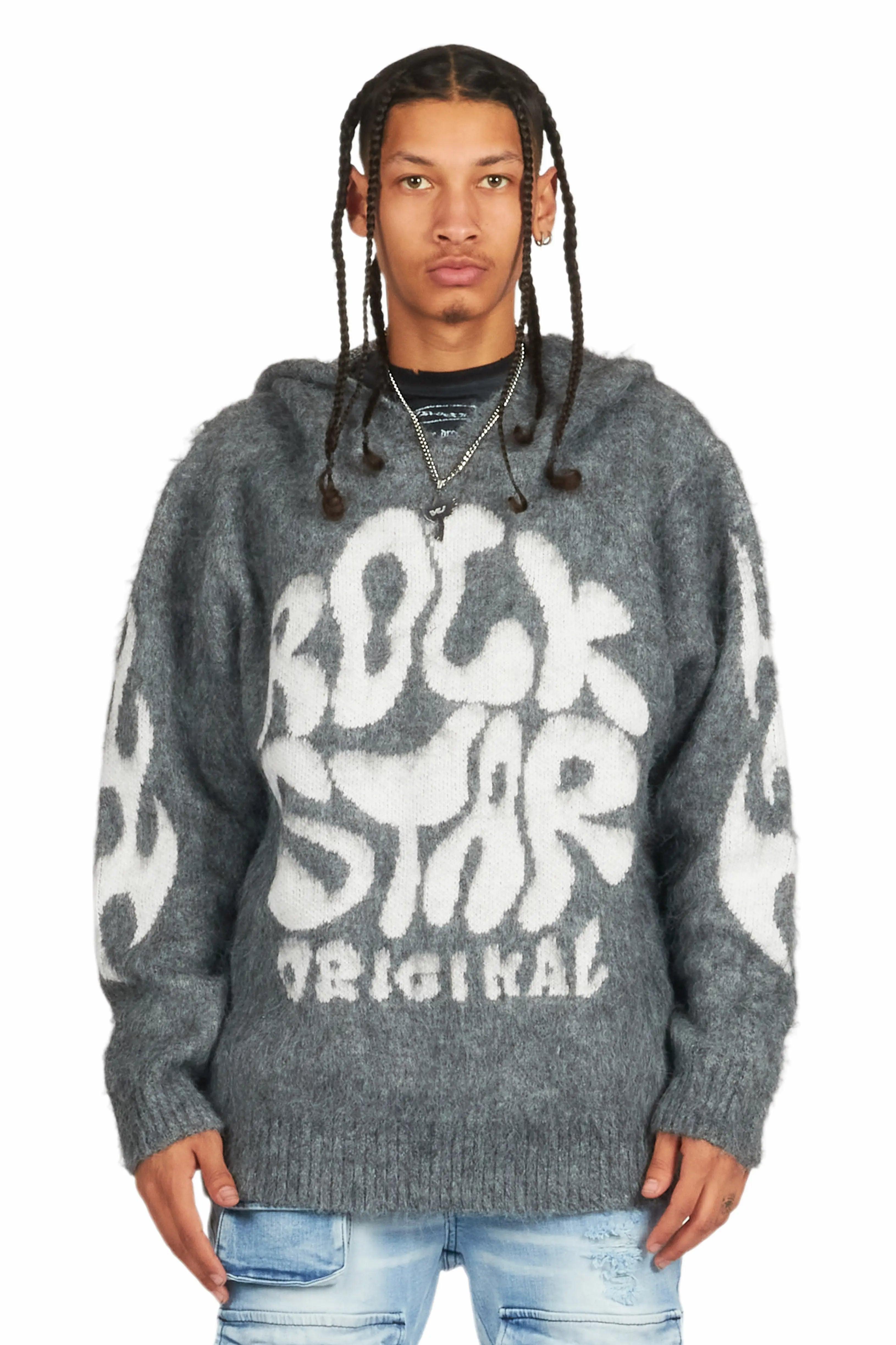 Hakon Grey Graphic Knitted Mohair Hoodie Male Product Image