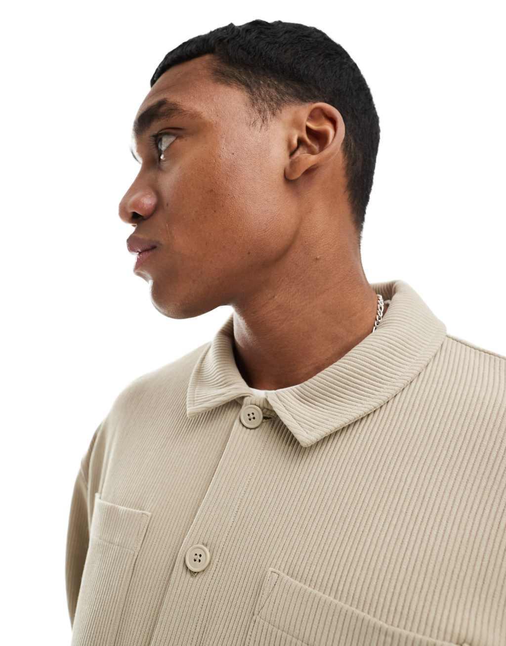 ASOS DESIGN oversized ribbed shacket in beige Product Image