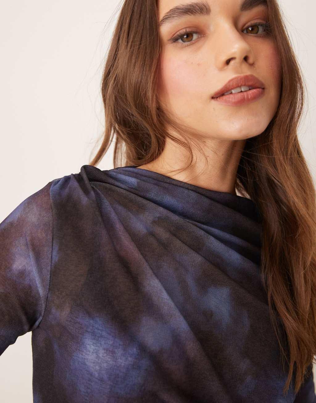 JDY ruched mesh top in blue abstract print Product Image