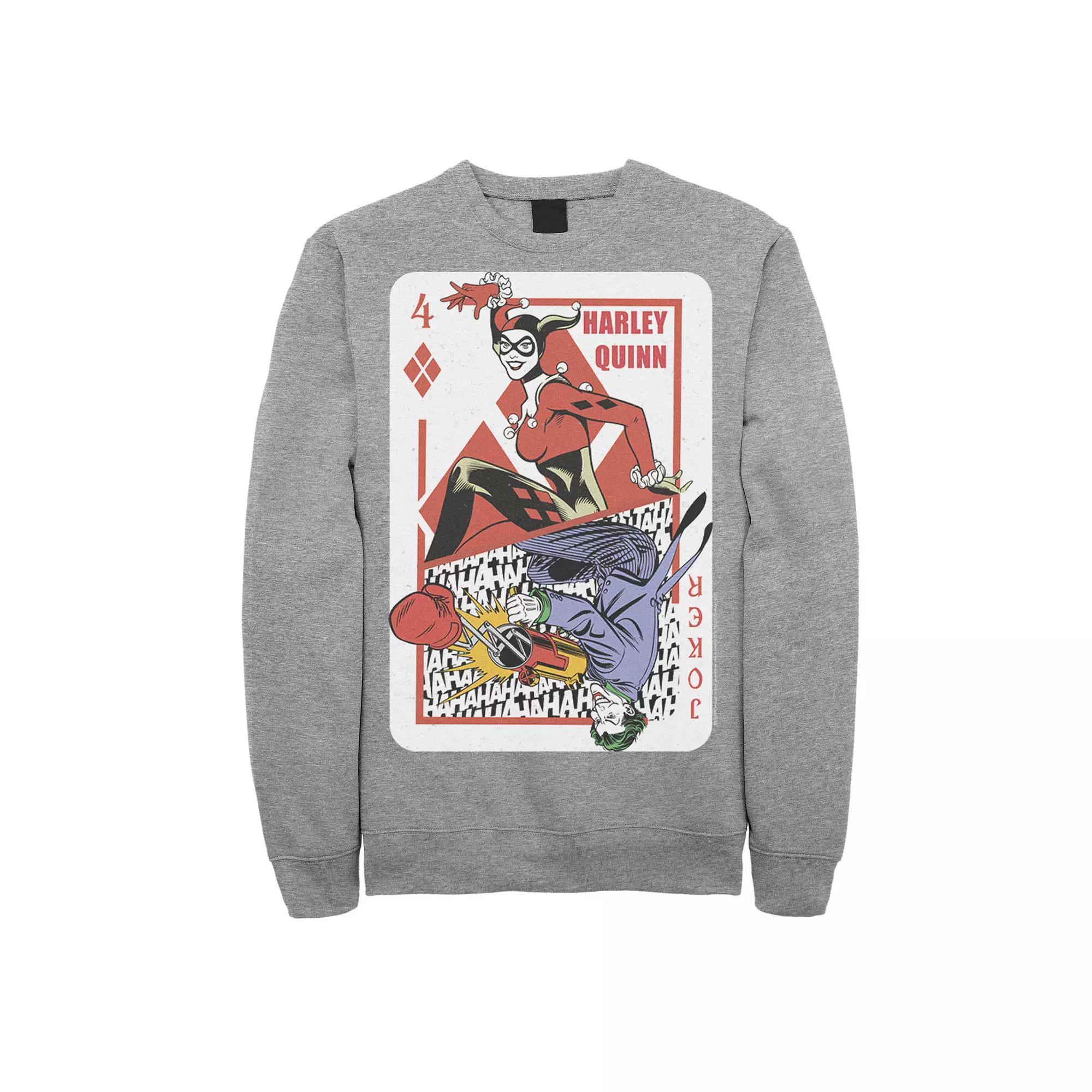 Mens DC Comics Harley Quinn Joker Playing Card Sweatshirt, Men's, Size: XL, Athletic Grey Product Image