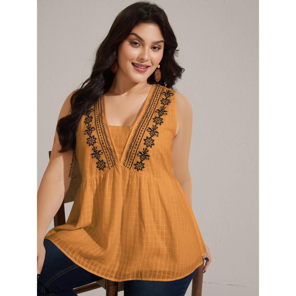 Plus Size Pure Cotton Jacquard Embroidered Tank Top Women Yellowishbrown Boho Texture Square Neck Vacation Tank Tops Camis BloomChic 10/M Product Image
