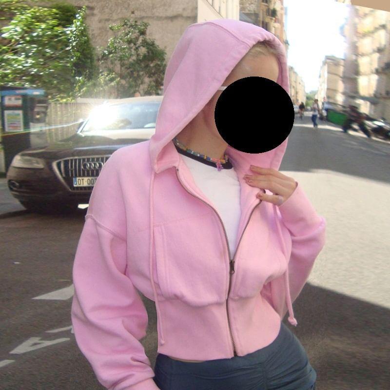 Drawstring Plain Zip-Up Cropped Hoodie Product Image