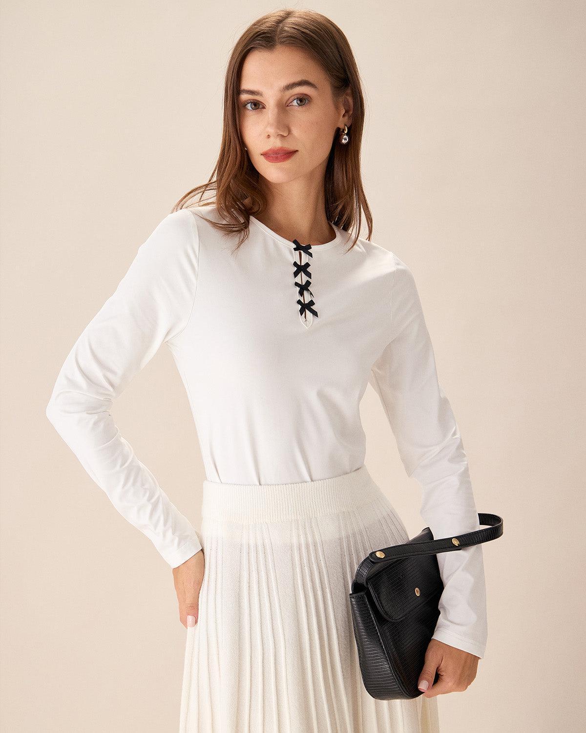 White Contrasting Bowknot Slim Tee Product Image