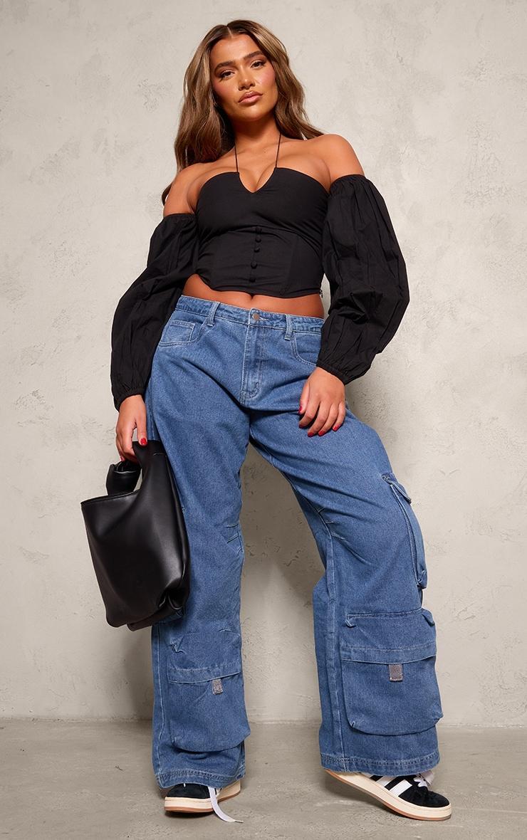 Black Poplin Elastic Halter Bardot Top Product Image